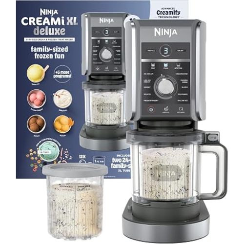 Ninja CREAMi Deluxe Ice Cream Maker | 11-in-1 Create Frozen Desserts, Sorbet, Milkshakes, Yogurt & More | Includes 2 Dishwasher Safe XL 24 Oz. Tubs with storage lids | Silver | NC501