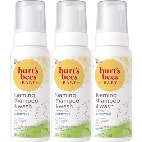 Burt's Bees Baby Sensitive Foaming Shampoo and Wash, Fragrance Free, Tear Free, Pediatrician Tested, 97.5% Natural Origin, 8.4 Fluid Ounces, Pack of 3