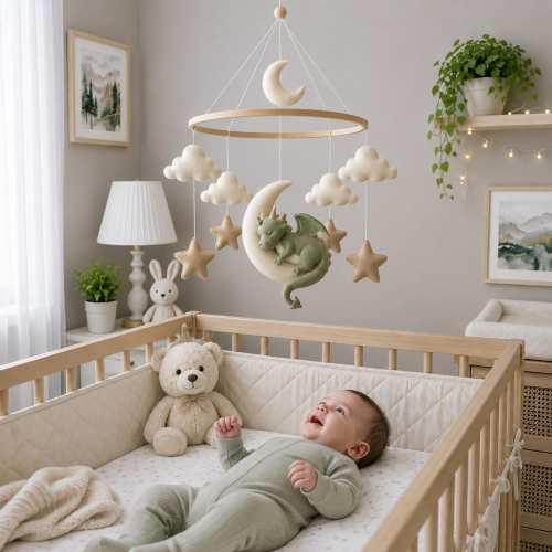 Dragon Baby Mobile, Felt Moon Star Crib Mobile, Woodland Fantasy Nursery Decor, Green Dragon Mobile, Baby Shower Gift, Handmade Baby Mobile