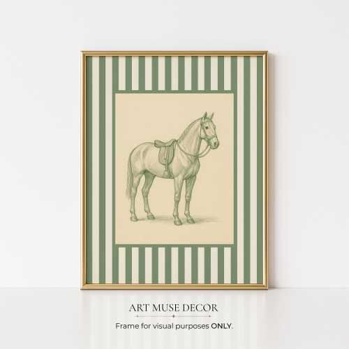 Vintage Horse Sketch Print: Equestrian Green Striped Wall Art