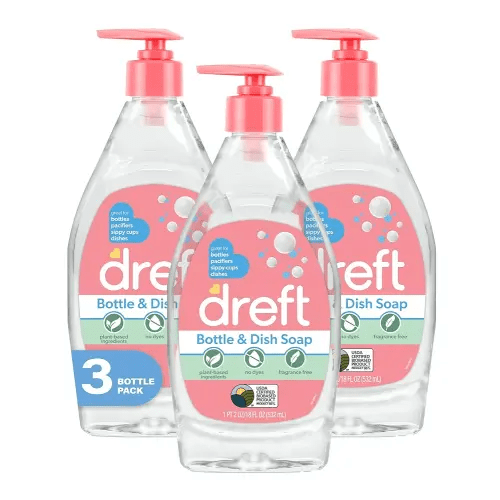 DREFT Bottle and Dish Soap | Made to Clean Baby Bottles, Sippy Cups, Pacifiers, Breast Pumps, & More | Gently Removes Milk Film & Odors | Plant Based, Fragrance Free Dish Soap | 18 Fl Oz (Pack of 3)
