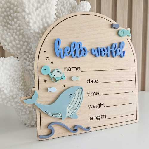 Whale Ocean Themed Hello World Birth Announcement Sign | Newborn Baby Name Sign | Birth Announcement Plaque | Baby Arrival Hospital Sign