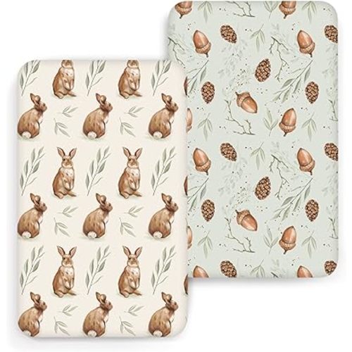 ACRABROS Crib Sheets for Girl Boy: Stretchy Baby Fitted Crib Mattress Sheets Sets 2 Pack Standard Size Ultra Soft Neutral, Rabbit Nuts
