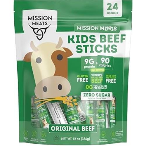 Mission Meats Kids Beef Sticks, 100% Grass Fed, Healthy Snacks for Kids, Zero Sugar, 9g Protein per Serving, Gluten & Nut Free, Individually Wrapped, Mini 0.5oz (24ct Bag)