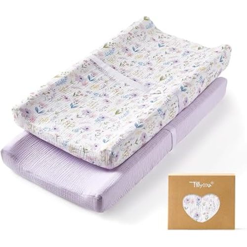 TILLYOU Muslin Changing Pad Cover for Baby Girls Boys, Soft and Breathable Cotton Diaper Changing Table Cover, 2 Pack(Lilac Bloom)