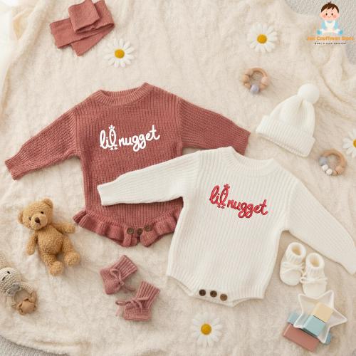 Embroidered Lil Nugget Knit Romper, Cute Newborn Set, Pregnancy Announcement, Coming Home Outfit, Baby Hat And Bows, Baby Shower Gift