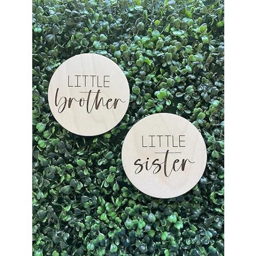 Little Brother - Little Sister Birth Announcement Discs,2PCS Wooden Gender Reveal Signs,Baby Shower Party Decorations,Sibling Gift for Baby,Round Photo Props