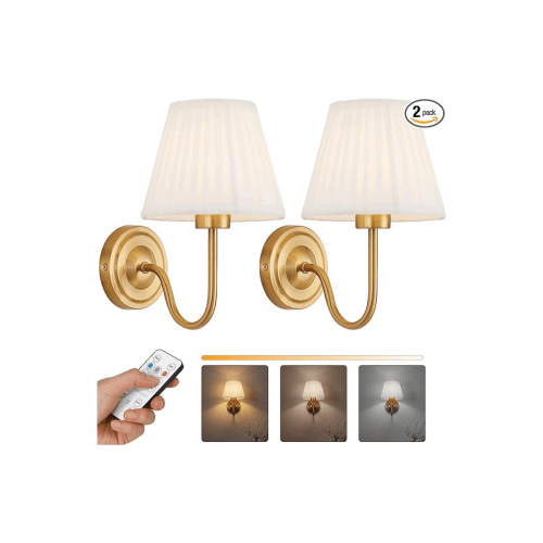 Gold Wireless Wall Sconce Set of 2, Battery Operated Wall Lights with Remote Control & 3 CCT Color Temperature Dimmable Magnetic Bulb, Rechargeable Wall Decor Lamp for Bedroom Living Room Hallway