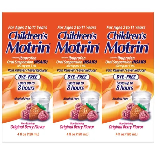 Children's Motrin Dye-Free Berry Flavor Suspension, Fever Reducer & Pain Relief, 12 Fluid Ounces | Costco