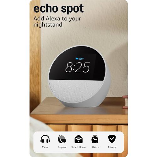 Amazon Echo Spot (newest model), Great for nightstands, offices and kitchens, Smart alarm clock with Alexa, Glacier White