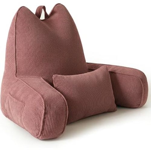 Patented Design Lounge Pillow with Arms for Couch & Bed, Extra Large Reading Pillow Backrest with Detachable Lumbar Support, Sitting Up Support Cushion with Side Pockets, Brick Brown