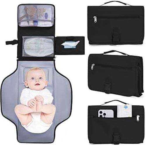 CEICEI Portable Diaper Changing Pad, Waterproof Travel Baby Changing Mat with Wipes Pockets, Foldable & Compact Diaper Changing Pads (Black)