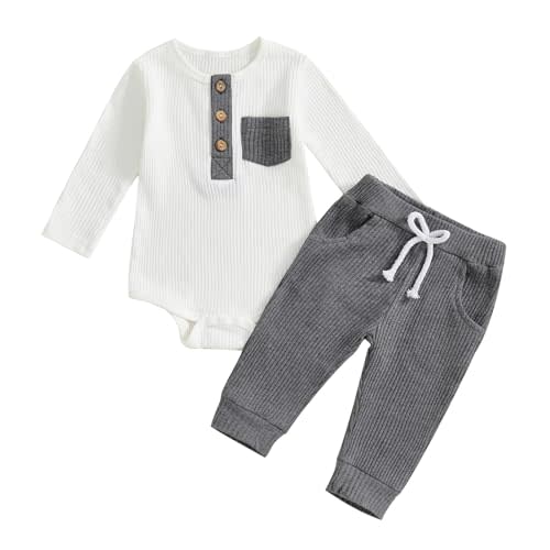 fhutpw Baby Boy Clothes 3 6 12 18 Months Ribbed Knitted Long Sleeve Romper and Pants Sets Newborn Fall Splicing Color Outfits