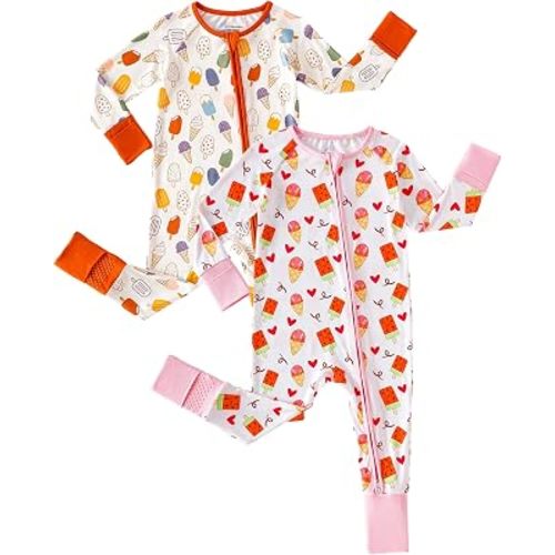 OPAWO Viscose from Bamboo Baby Pajamas Girl 2pack Mittens Cuff 2 Way Zipper Soft Footless Sleeper Baby Boy One-Piece Romper
