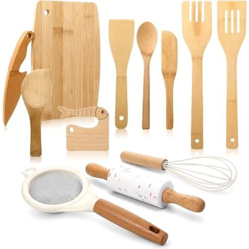 12 Pieces Wooden Kids Knife Toddler Knife Set Toddler Cutting Board and Knife Set for Real Cooking Kitchen Tools for Toddlers for Cutting Veggies Fruits Salad Cake