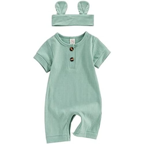 Infant Boys Girls Clothes Set Newborn Baby Romper Hat Ribbed Knit Long Sleeve Button Solid Bodysuit Jumpsuit