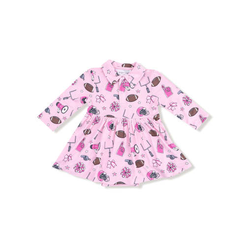 Long Sleeve Polo Bodysuit Dress, Game Day Pink