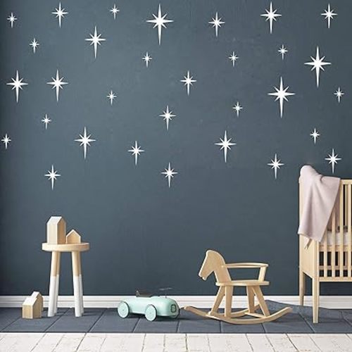 Retro Star Vinyl Wall Decals, Starbursts Wall Stickers for Nursery, Kids Room Wall Decals, Unique Wall Decals for Baby Girls Boys Bedroom, Nursery Decor Y10 (White)