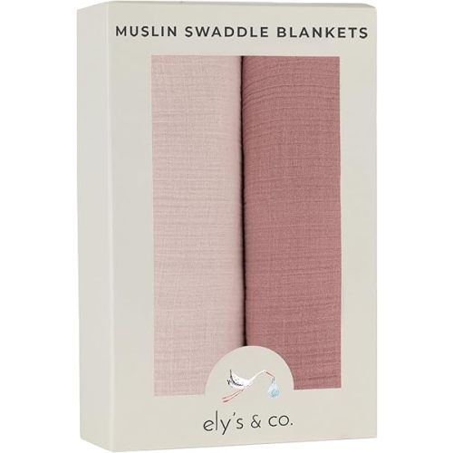 Ely’s & Co. Cotton Muslin Swaddle Blanket 2-Pack for Baby Girl — 100% Cotton Muslin Extra-Large Swaddle Blankets (47” x 47”) Cranberry & Rosewater Pink