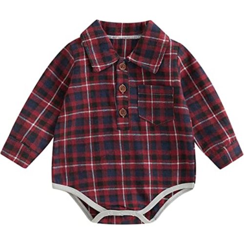 Baby Boy Plaid Shirt Romper Cotton Long Sleeve Button Down Top with Pocket Infant Casual Shirt