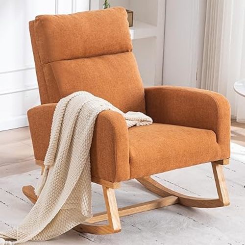 Rocking Chair Nursery - Glider Modern Accent Chairs Upholstered Linen Rocker Padded Armchair for Indoor Living Room Bedroom, Light Orange