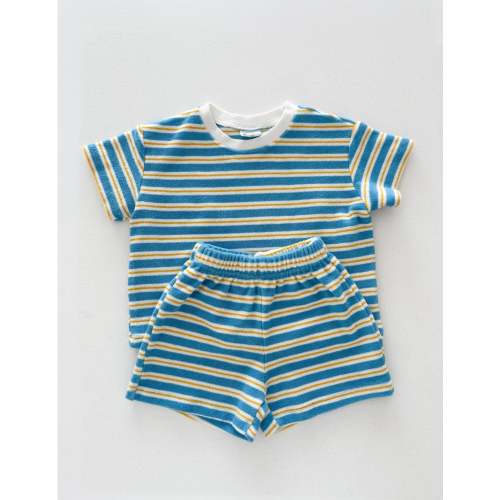 At Noon Kids Stripe Terry Cloth Short Sleeve Top and Shorts Set (6m-7y) - Blue