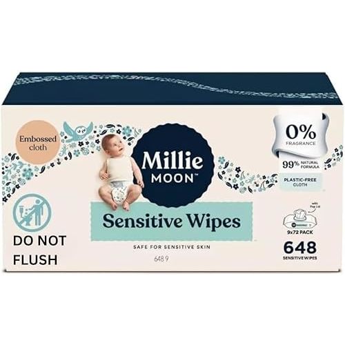 Millie Moon Sensitive Baby Wipes, 648 Count, 9 Packs of 72 Wipes(1Box)