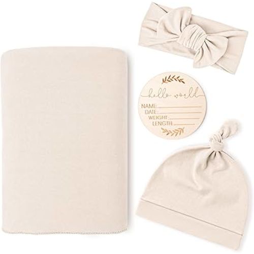 Konssy Baby Girl Newborn Receiving Blanket Headband Beanie Set