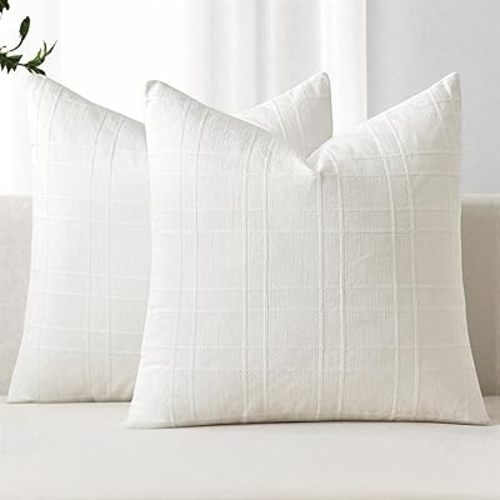 MIULEE Decorative Linen Check Throw Pillow Covers Neutral Farmhouse Vintage Pillow Covers 18x18 Set of 2 Boho Modern Home Decor for Sofa Couch Bedroom Cushion Cream White