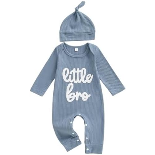ZAXARRA Little Brother Newborn Outfit Letters Printed Waffle Baby Romper Fall Winter Infant Boy Clothes With Hat