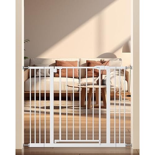 keny 29"-42.5" Baby Gate for Stairs, Auto Close Safety Dog Gate, Pressure Mounted Easy Walk Through Pet Gate for Doorways, Durable Stair Gate, 30" Tall, White