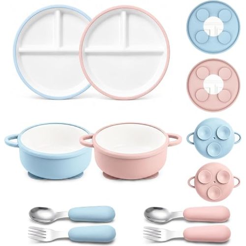 Daximo 8 Pcs Ceramic Baby Plates Set with Suction Sleeves, Spoons & Forks - Pink and Blush set