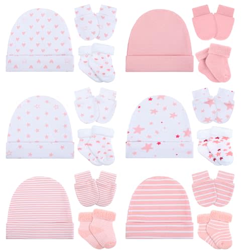 Toulite 6 Pack Preemie Hats Mittens and Socks Set Cotton Preemie Beanie Hat Socks and No Scratch Mittens