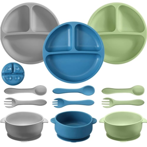 CHENGU 12 Pcs Silicone Bowl with Suction Set for Baby Toddler with Suction Plate, Spoon and Fork, Divided Design Baby Feeding Utensils Weaning Kit, Dishwasher and Microwave Safe
