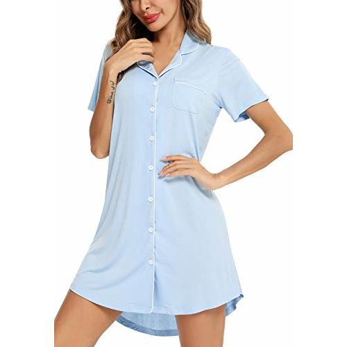 Samring Pajama Nightgown for Women Short/Long Sleeve Button Down Nightwear Top Boyfriend Sleep Shirts Nightdress S-XXL