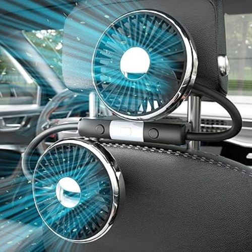 Dual-Head USB Car Fan for Backseat, 360° Rotatable Quiet Cooling with LED Light, 3 Speeds USB-Powered Headrest Accessory for Kids & Passengers