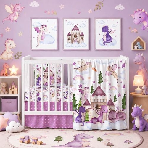 5 Pcs Baby Crib Bedding Set, Purple Dragon Baby Nursery Baby Crib Set