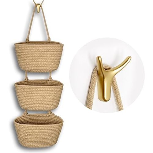 3-Tier Decorative Cotton Rope Hanging Basket, Wall-Mounted Woven Storage Organizer Bag, Jute