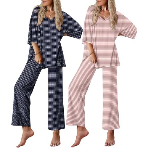 Ekouaer 2 Packs Lounge Set for Women Short Sleeve Pajamas Top and Long Pant | Comfy V Neck Top and Loose Fit Pjs Outifts with Pockets Matching Loungewear Sets