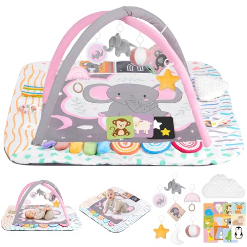 Baby Play Mat Activity Gym with Tummy Time Pillow, 6 Developmental Zones Tummy Time Mat, 6 Detachable Sensory Toys and Educational Cards, Essential Baby Shower Set, Pink Elephant
