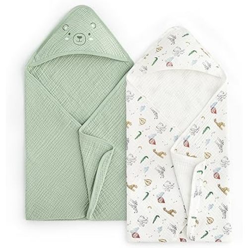 david's kids 2 Pack Hooded Baby Towels, Large 32"x32", 6 Layer 100% Muslin Cotton Highly Absorbent Boy Girl Bath Towel for Newborn, Infant, Toddler, Ultra Soft and Breathable Baby Essentials, Animals