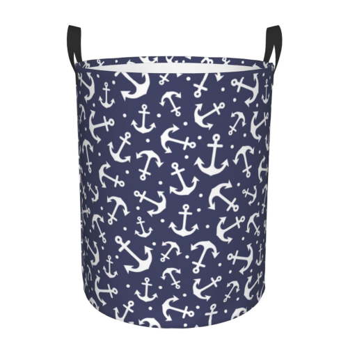 Large Laundry Basket with Handles - Beautiful blue anchor dots navyblue Kids Baby Dirty Clothes Laundry Hamper for Bedroom Aesthetic