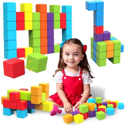 Magnetic Building Blocks, 1.65 inch Large Magnetic Stacking Cubes for Toddlers, Sensory & Montessori Toys