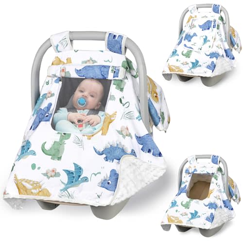 Baby Carseat Seat Cover Boys, Winter Carseat Canopy, Cozy & Warm Cover with Zipper Peep Windows, Infant Minky Carrier Cover, Soft Breathable, Baby Must Have, White Dinosaur