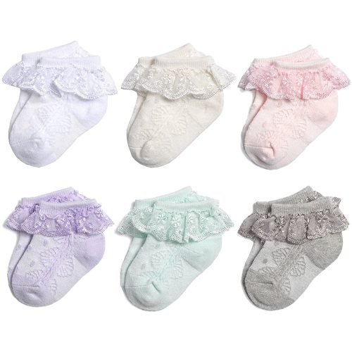 EPEIUS 6 Pair Pack Newborn Baby-Girls Eyelet Frilly Lace Socks Princess Ankle Socks White/Pink/Ivory/Grey/Green/Purple 0-3 Months