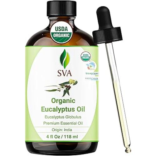 SVA Eucalyptus Essential Oil Organic – 4 Fl Oz – 100% Natural Organic Eucalyptus Oil - for Diffuser, Hair, Face, Skin Care, Aromatherapy, Scalp and Body Massage, Soap and Candle Making - with Dropper