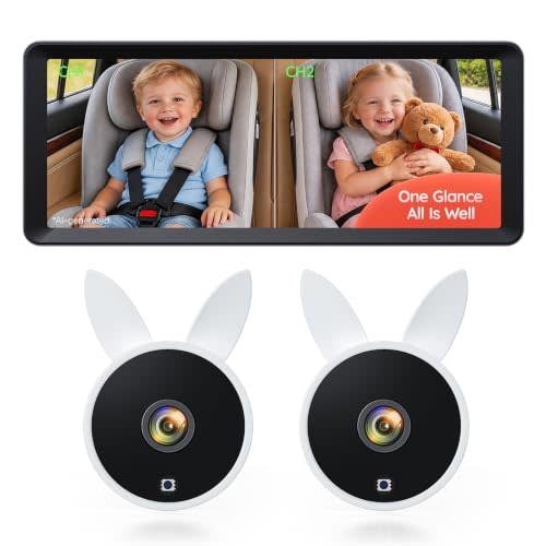 Babyvue Dual Car Camera Baby Monitor for 2 Kids 7.2" HD 1080P Split Screen | Auto IR Night Vision,Easy Setup Car Seat Camera for Infant Pet Safety, Baby Car Mirror Rear Facing BV3 (White)