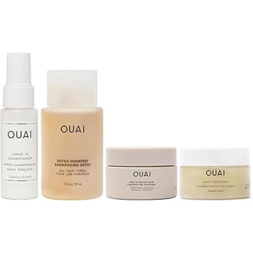 OUAI Travel Kit - Includes Travel Size Leave In Conditioner, Detox Shampoo, Fine to Medium Hair Mask, Scalp & Body Scrub (4 Count)