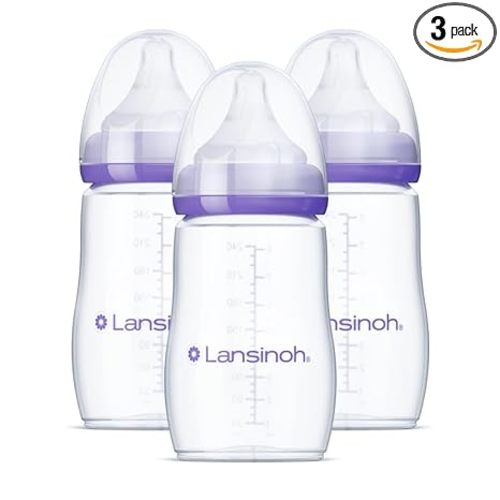 Lansinoh Anti-Colic Baby Bottles, BPA-Free Plastic, 8 Ounces, 3 Count, Medium Flow Nipples (Size M), Breastfeeding Bottle with NaturalWave Design