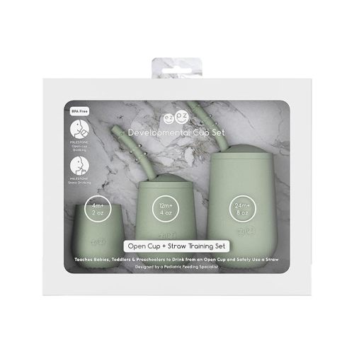 ezpz Developmental Cup Set (Sage) - 100% Silicone - Teaches Babies, Toddlers, and Preschoolers to Drink from an Open Cup and Safely Use a Straw - Designed by a Pediatric Feeding Specialist